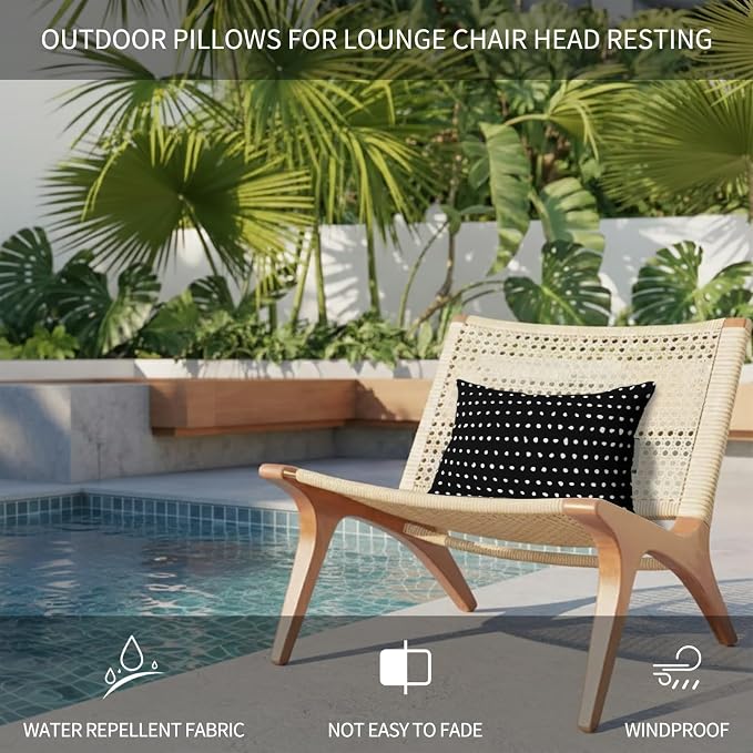 Chaise Lounge Headrest Pillow 2 Pack, Black Waterproof Chair Pillows with Insert & Adjustable Elastic Strap for Beach Pool Recliner, Abstract White Polka Dot Geometric Modern Art Outdoor Patio Pillow