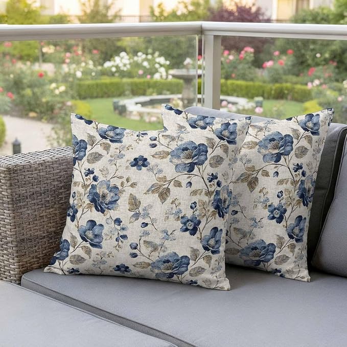 Blue Gray Waterproof Outdoor Pillow Covers 26''x26'' Set of 2, Vintage Botanical Patio Furniture Spring Florals Cushion Covers for Chairs, Decorative Farmhouse Pillow Cases for Garden/Pool/Beach