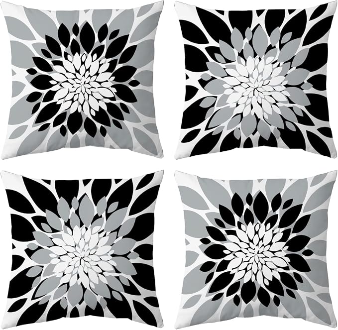 Pack of 4 Outdoor Waterproof Pillow Covers 18x18 Decorative Outdoor Throw Pillows Garden Square Cushion Cases for Patio Furniture, Couch, Tent Sunbrella, Bench, Black Grey