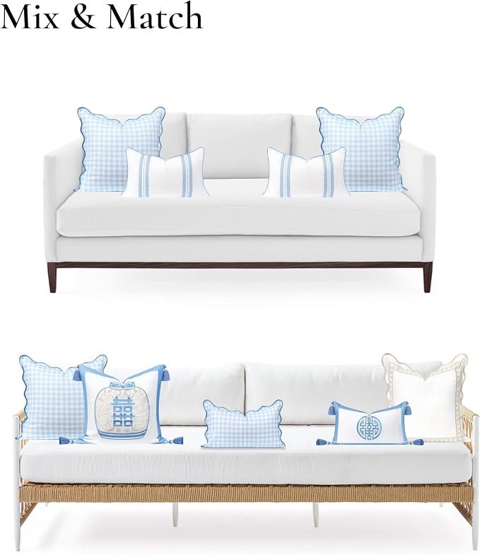 Hofdeco Premium Coastal Hampton Scalloped Patio Indoor Outdoor Throw Pillow Cover Only, 20"x20" Water Repellent for Backyard, Couch, Poolside, Baby Blue Print Gingham