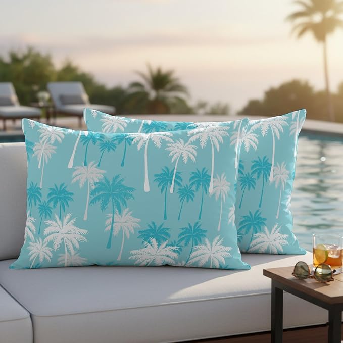 Lumbar Pillow Covers 20x12 Inch Set of 2, Tropical Palm Tree Waterproof Outdoor Pillow Covers, Blue Cyan Plants Coastal Leaf Beach Decorative Cushion Pillowcases for Couch, Sofa, Bed, Garden, Patio