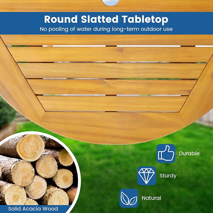 HAPPYGRILL 31.5” Round Bar Table, Bar Height Table with Umbrella Hole & Slatted Tabletop, Acacia Wood Patio Bistro Table, Side Table for Indoors Outdoors