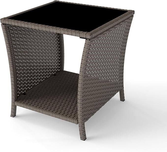 Outdoor Small Patio Table - PE Rattan Coffee Table, Wicker Side Table for Patio, Balcony & Porch, Durable & Iron Frame (1, Sesame)