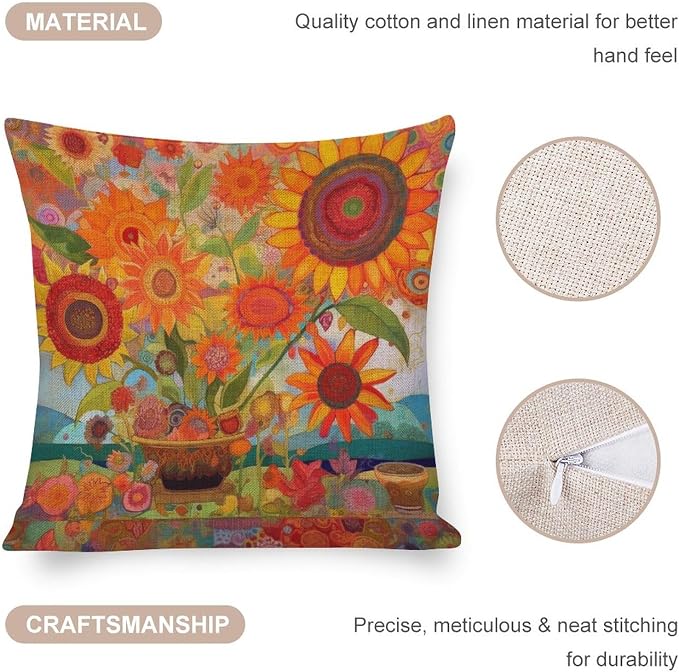 Cushion Covers Colorful Painting of Sunflowers Outdoor Square Pillow Cushion Cases Beautiful Flower Pattern Decorative Throw Pillow Covers 16"x16" for Outdoor Bed Sofa Cutton Linen Cushion Cases