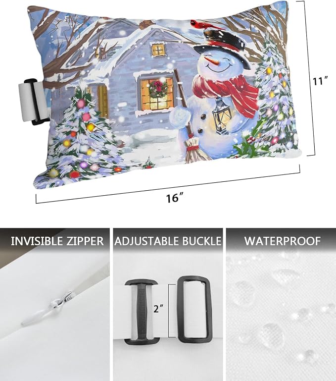Outdoor Pillows Covers with Inserts Christmas Snowman Winter Snow Bird Waterproof Recliner Pillow with Adjustable Strap Throw Pillows for Patio Furniture Pool Lounge Chair, 11x16 inch, 1PCS