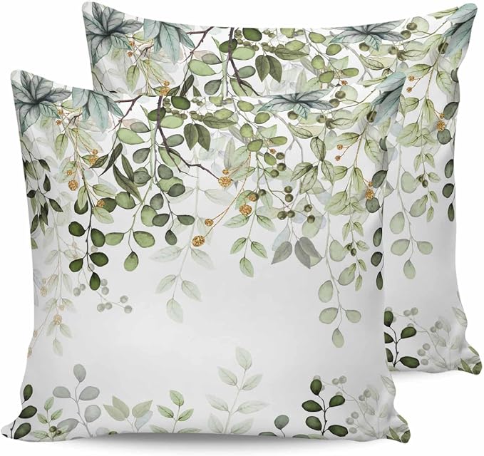 Outdoor Pillows 18x18 Waterproof Outdoor Pillow Covers Elegant Spring Leaf Plant Polyester Throw Pillow Covers Garden Cushion Decorative Case for Patio Couch Decoration Set of 2 Green Gold