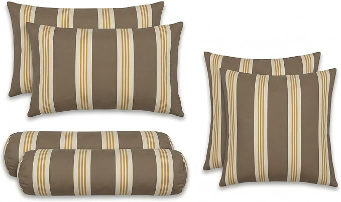 RSH DECOR: 6-Pack Pillow Set | Outdura Performance Fabric |Water & Fade-Resistant| 17" Square, 20"x12" Lumbar, 20"x6" Neck Roll | Outdoor Pillows for Patio Furniture | Made in USA (Tory Alloy)