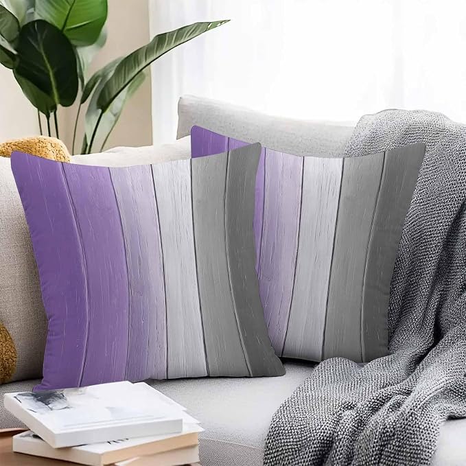 Throw Pillow Covers 16x16 Inch Set of 2, Purple Gray Ombre Waterproof Outdoor Cushion Covers, Vintage Country Wooden Decorative Pillowcases for Couch, Sofa, Bed, Garden, Patio