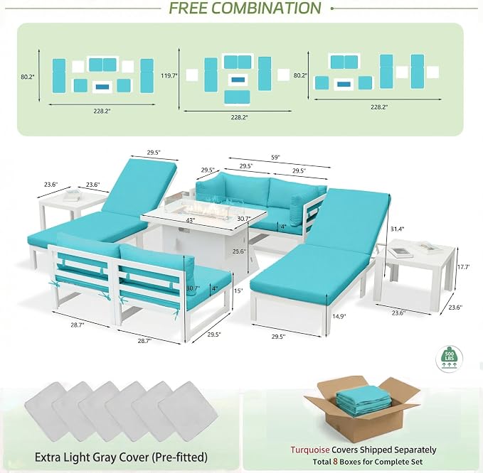 RADIATA 6 Seater Extra Large Modern Aluminum Outdoor Sofa with Lay Out Chair & Fire Pit Table, 500 lbs Durable Sectional Set for Heavy People, All Weather Comfy Patio Furniture Set for Backyard, Teal