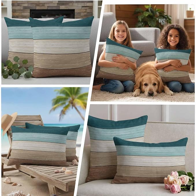 Vandarllin Outdoor Throw Pillow Covers 18X18 Set of 2 Waterproof Teal Blue Brown Decorative Zippered Cushion Covers for Patio Furniture, Farmhouse Retro Rustic Barn Wood Texture Lumbar Pillowcases
