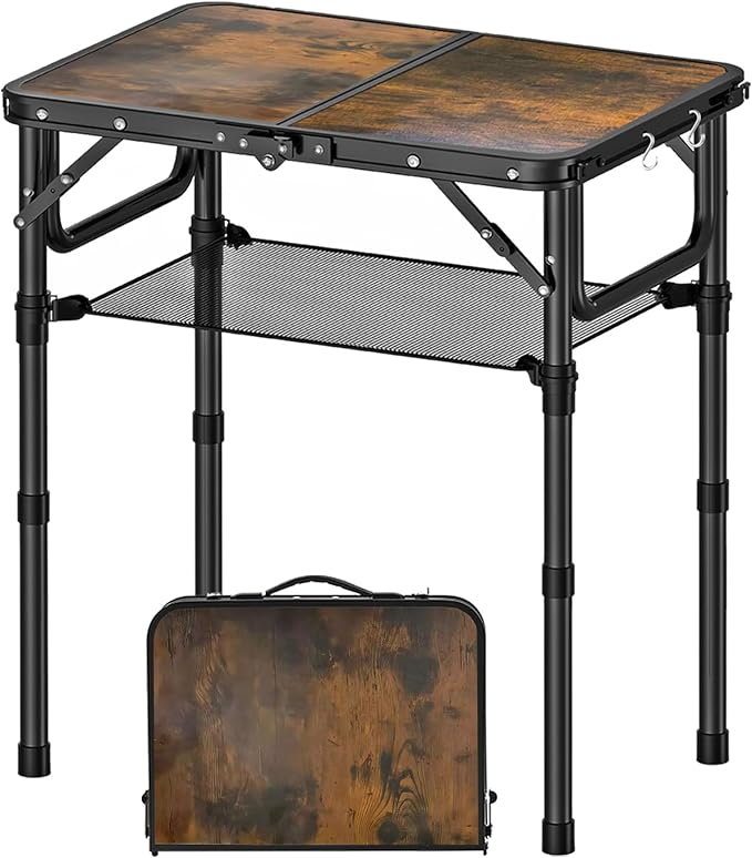 YihuiKo Small Folding Picnic Table with Storage Net, 3 Adjustable Heights 27.5" Aluminum Lightweight Portable Table with Carrying Handle for Camping Travel and Indoor