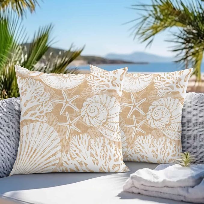 Outdoor Pillow Covers 16x16 Inch Set of 2, Light Brown Starfish Coastal Waterproof Throw Pillow Covers, Summer Coral Shell Beach Nautical Decorative Cushion Pillowcases for Couch Sofa Bed Garden Patio