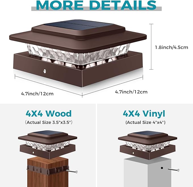 kolpop 4x4 Solar Post Cap Lights Outdoor 2Pack- 3 Color Temperatures&2 Level Brightness, IP65 Waterproof, 16 LED Fence Deck Post Light Solar Powered Only for 4×4/3.5×3.5 Wood/Vinyl Posts(Brown)
