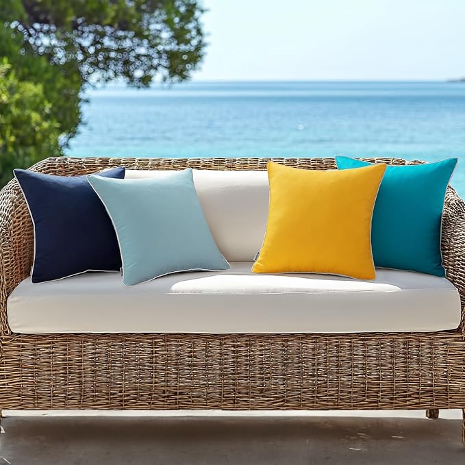 MIULEE Outdoor Waterproof Pillow Covers 18x18 Blue Pack of 2 | Decorative Farmhouse Throw Pillow Covers with Piping,Square Solid Color,Patio Furniture,Summer Couch Tent Sofa Living Room