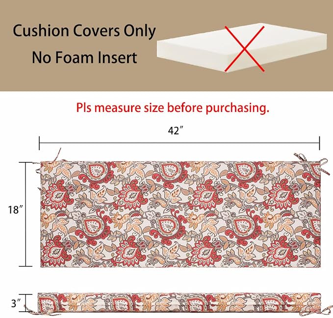 Magpie Fabrics Patio Bench Cushion Cover 42x18x3 Inch, NO Insert! Water Resistant Outdoor Loveseat Replacement Cover with Zipper (Botanical Red Orange)