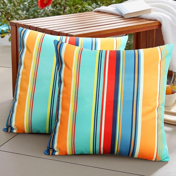 Pyonic Outdoor Waterproof Throw Pillow Covers 20x20 Inches Decorative Lines Striped Pillow Covers Blue Square Cushion Cases for Patio Furniture Tent Garden Couch,Set of 2,Color Stripe(Blue)
