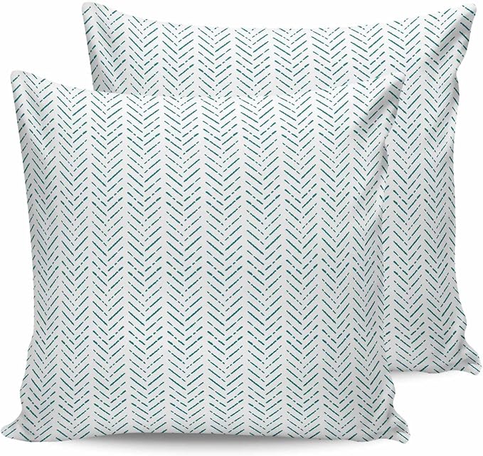Turquoise Striped Outdoor Pillow Covers Waterproof,All Weather Cushion Case Set of 2 Decorative Pillowcases for Sofa Couch Bed Decor Patio Furniture 20"x20" White Geometric Minimalist Boho Striped