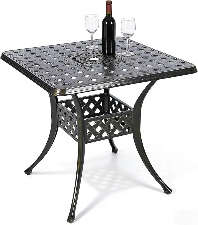 MEETWARM 30.5" Square Patio Dinning Table, Outdoor Cast Aluminum Dinning Table with 2.2" Umbrella Hole, Dark Bronze