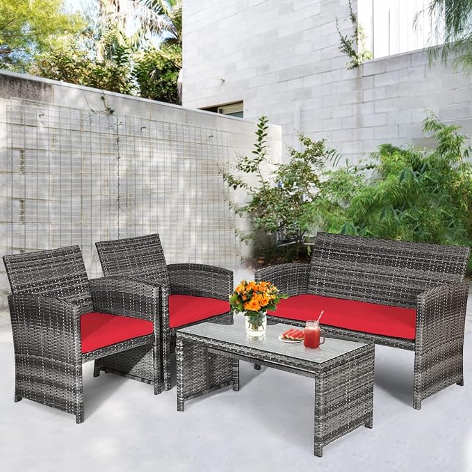 HAPPYGRILL 4pcs Patio Converstation Set with Soft Cushions Rattan Furniture Set with PE Wicker Coffee Table & Sofa Chairs for Garden Poolside Porch Backyard