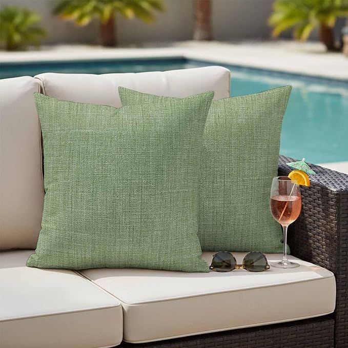 Outdoor Waterproof Throw Pillow Covers Set of 2 Sage Green Linen Pillowcases 18x18 Inches Farmhouse Pure Color Decorative Pillows Cushion Case Patio Pillows for Couch Bed Chair Garden