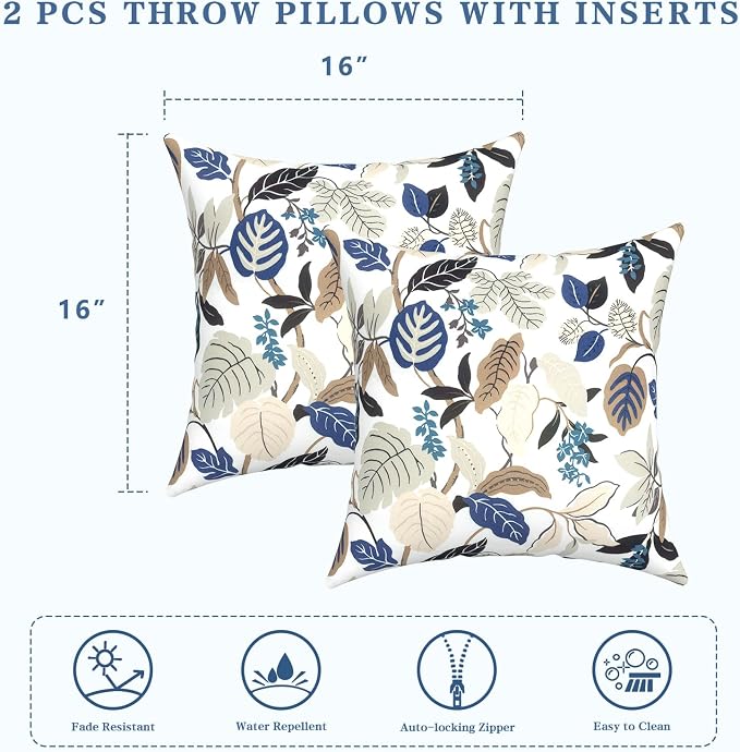 LVTXIII Outdoor Throw Pillows, Decorative Throw Pillows with Inserts, 16"x16" Square Pillows for Bed, Couch, Sofa and Patio Furniture, Set of 2, Breeze Leaves Beige