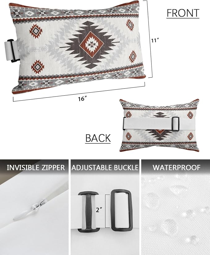 Outdoor Pillows Waterproof Covers Set of 2, Red Grey Bohemian Adjustable Elastic Chaise Lounge Headrest Pillow Covers, Aztec Boho Tribal Decorative Lumbar Pillow for Pool Patio Furniture 11x16 Inch