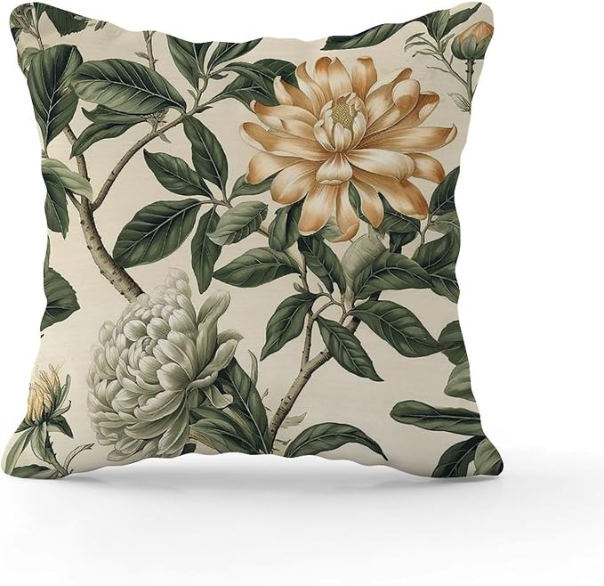 Green and White Chinoiserie Floral Pillow Cover Golden Lotus Flower Pillows 20x20 INAbstract Accent Modern Decorative Pillow Covers for Patio Couch Sofa
