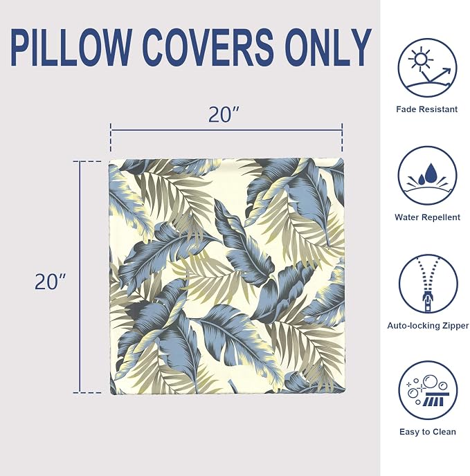 20x20 Inch Pack of 2 Patio Throw Pillow Covers ONLY, Water Repellent Cushion Cases, Square Pillowcases for Outdoor Couch Decoration, ‌Lush Palm Blue