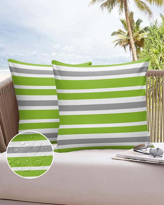 Outdoor Waterproof Throw Pillow Covers Set of 2 Grey Green Stripes Decorative Outdoor Pillows Cushion Case 16x16 Inch Classic Striped Patio Pillows for Couch Sofa Bed Garden Office Home Decor