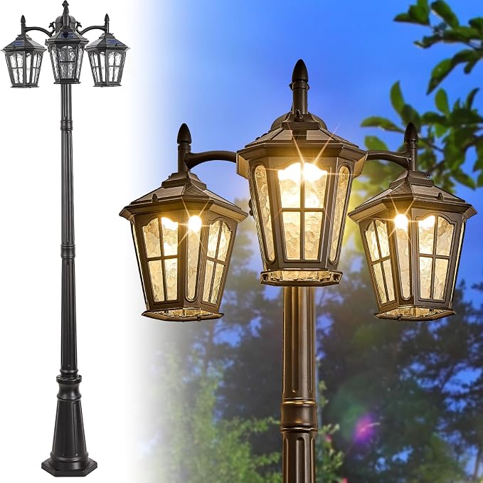3-Head Solar Outdoor Street Light with Dusk to Dawn Sensor, Aluminum Exterior Pole Light with Water Ripple Glass, Classic Waterproof Black Solar Lamp Post Lights for Backyard, Garden, Driveway