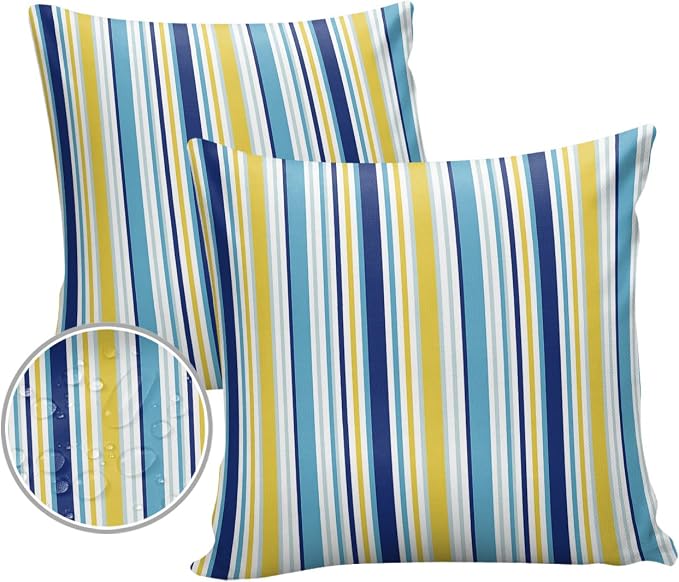 Blue Yellow Striped Outdoor Waterproof Pillow Covers, Farmhouse Navy Blue Ombre Stripes Decorative Square Throw Pillowcase Sofa Cushion Sham for Patio/Couch/Chair, 24"x24" 2 Pack