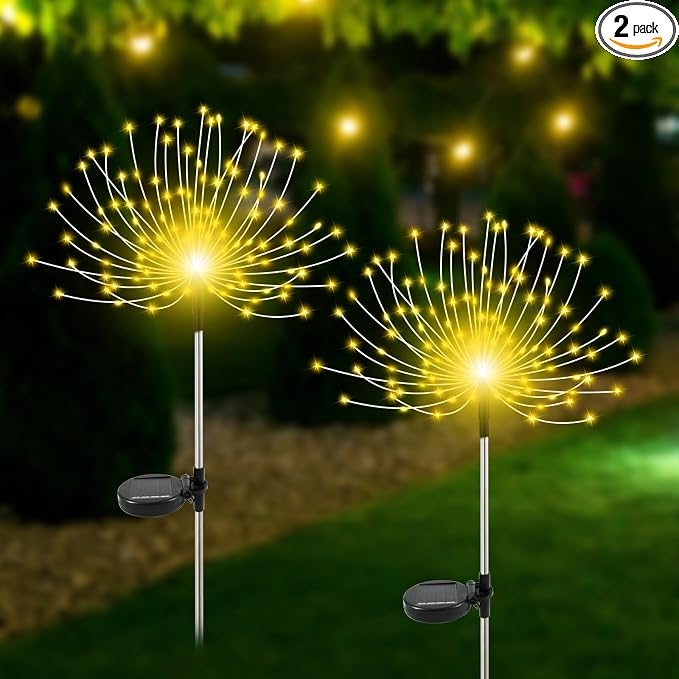 Slyuexu Solar Garden Lights Outdoor Waterproof, 2 Pack 120 LED Solar Firework Lights Decorative Garden Décor Outside for Flowerbed Pathway Party Christmas Decoration, Warm White