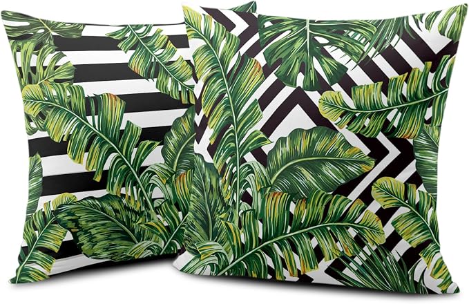 Tropical Green Banana Leaf Throw Pillow Covers Black and White with Stripe Pillowcase Square Decorative Cushion Cases Cotton Blend Outdoor Decor 20x20 in 2 Pcs for Beach Sofa Bed
