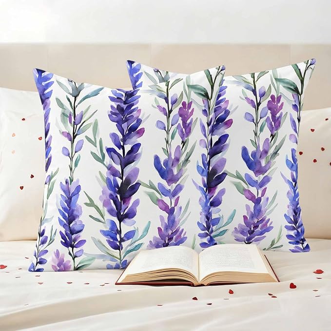 Outdoor Waterproof Pillow Covers 16x16Inch Spring Purple Lavender Throw Pillowcases for Patio Garden Couch Sofa Watercolor Floral Art Decorative Cushin Case,Pack of 2