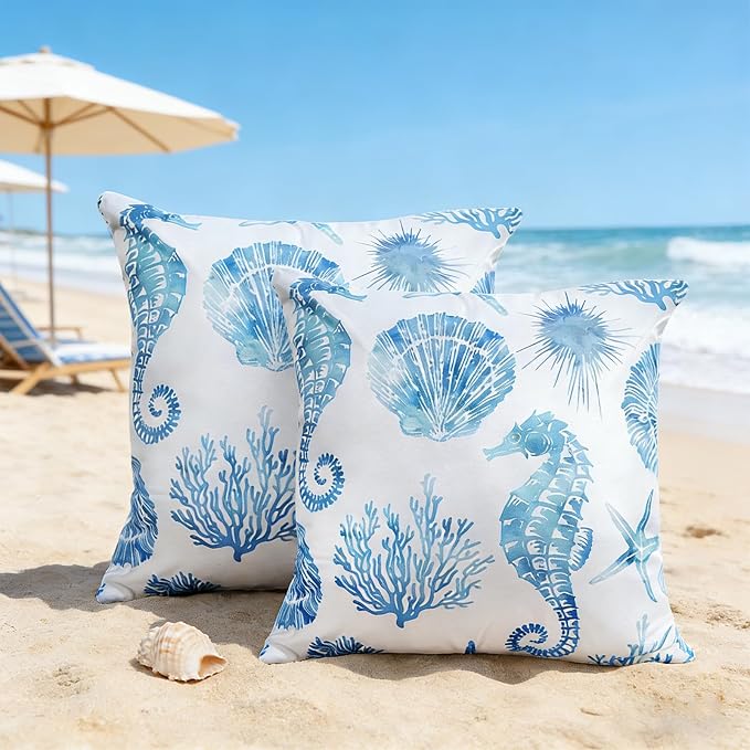 cygnus Coastal Outdoor Pillow Covers 18x18 inch Waterproof Seahorse Seashell Coral Beach Nautical Throw Pillow Covers for Patio Furniture Garden Bench Porch Sofa Couch Summer Decor Set of 2,Blue