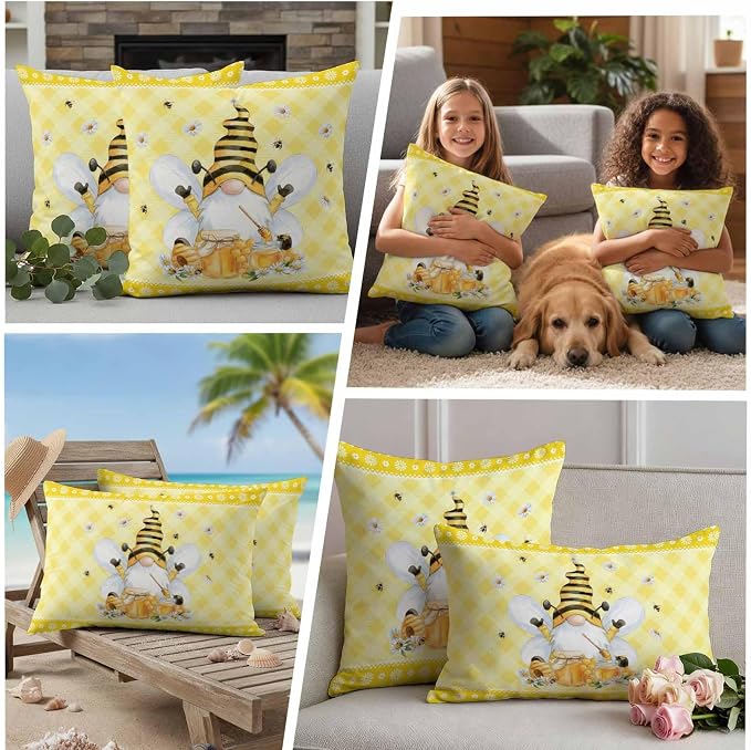 Yukro Honey Gnome Outdoor Waterproof Pillow Covers Pack of 2, Watercolor Honey Bees Floral Yellow Plaid Decorative Throw Pillowcases Cushion Covers for Garden Patio Tent Sofa Couch, 24x24 inch