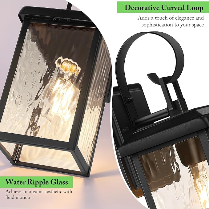 BesLowe 2-Pack Outdoor Wall Light Fixtures with Water Ripple Glass, Black | Waterproof, Rust-Resistant, Durable Metal, Standard E26 Socket, Easy to Install