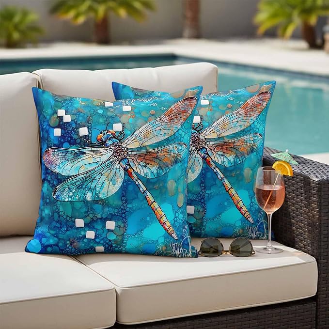 Blue Dragonfly Outdoor Pillow Covers Set of 2 Country Vintage Watercolor Dragonfly Wings Waterproof Throw Pillow Cover Decorative Cushion Cases for Patio Porch Garden 18X18 Inch