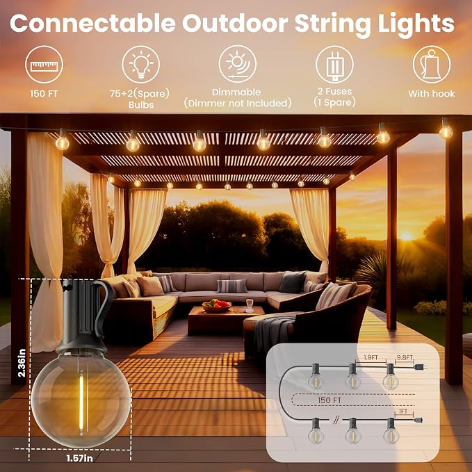 RTTY String Lights for Outside 150 FT, Waterproof Patio Light 77 LED Bulbs | Shatterproof Dimmable G40 Outdoor Lights, Hanging Connectable Lighting for Deck, Balcony, Porch, Cafe, Warm White