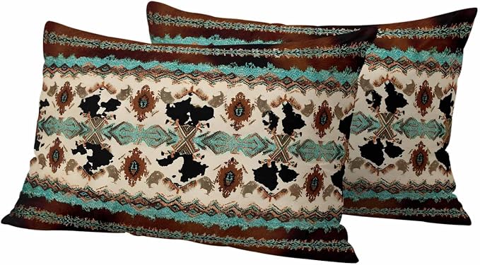 Boho Cowhide Outdoor Pillow Covers 20"x12" Set of 2, Western Aztec Tribal Green Brown Cow Texture Waterproof Throw Pillow Covers for Patio Furniture, Decorative Cushion Covers for Porch