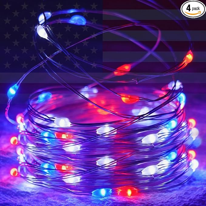 4 Pack 20 FT 60 LED Red White and Blue Battery Operated Fairy Lights Timer | 4th of July Battery String Lights Waterproof Outdoor Indoor, Cuttable Copper Wire, Independence Day Memorial Day Decorations