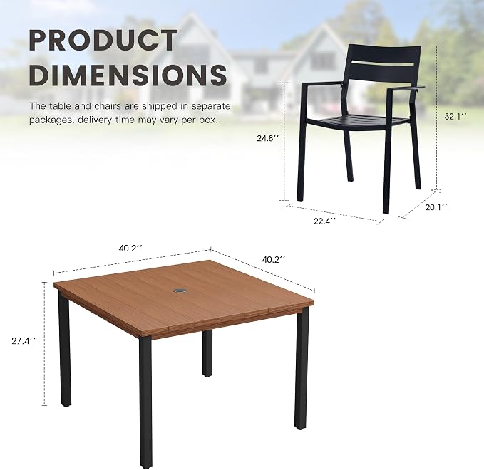 Patio Dining Set for 4, 40.2" Outdoor Dining Table and Chairs Set with Stackable Patio Chairs Outdoor Furniture for Garden Deck Backyard, Walnut Table and Black Chairs