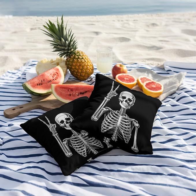 Halloween Skeleton Outdoor Pillow Covers 26x26 Inch Throw Pillow Covers Set of 2 Waterproof Decorative Pillow Cases Retro Funny Skull Abstract Black Cushion Covers for Patio Furniture Garden Couch