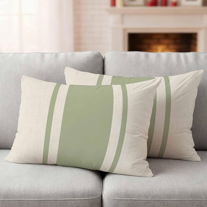 Abstract Gray Green Color Block Outdoor Pillow Covers Set of 2 Vintage Lines Linen Texture Waterproof Throw Pillow Cover Decorative Cushion Cases for Patio Porch Garden 20X12 Inch
