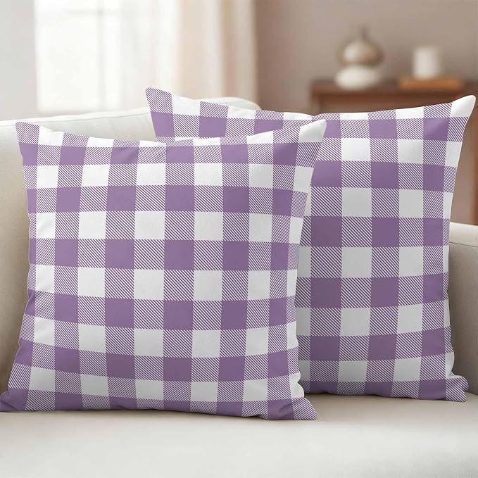 Waterproof Throw Pillow Covers 18x18 Set of 2, Farmhouse Purple White Buffalo Lattice Outdoor Pillowcases with Invisible Zipper, Pastoral Gingham Decorative Cushion Covers for Patio Garden Sofa Couch