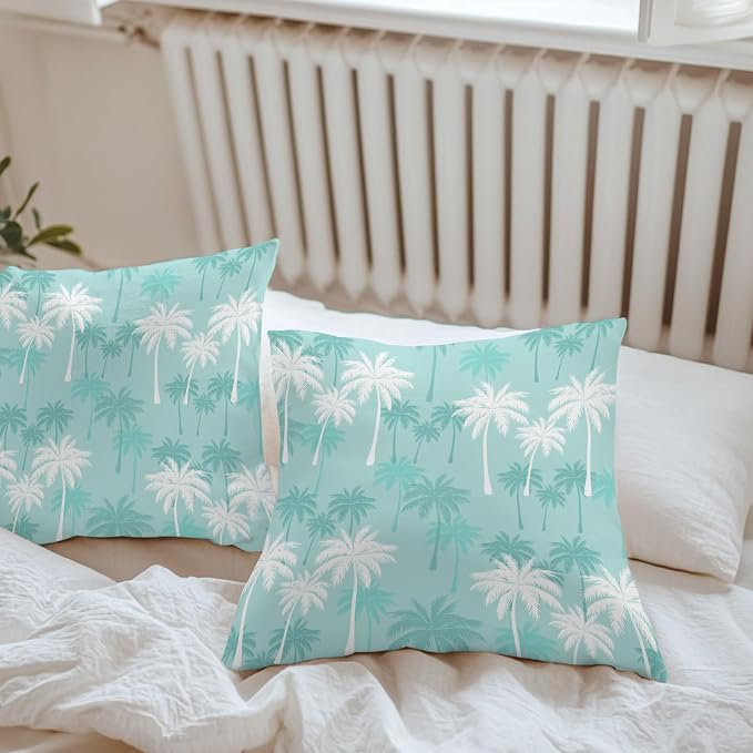 Throw Pillow Covers 24x24 Inch Set of 2, Tropical Palm Tree Waterproof Outdoor Pillow Covers, Turquoise White Plants Coastal Leaf Beach Decorative Cushion Pillowcases for Patio, Garden, Couch, Sofa