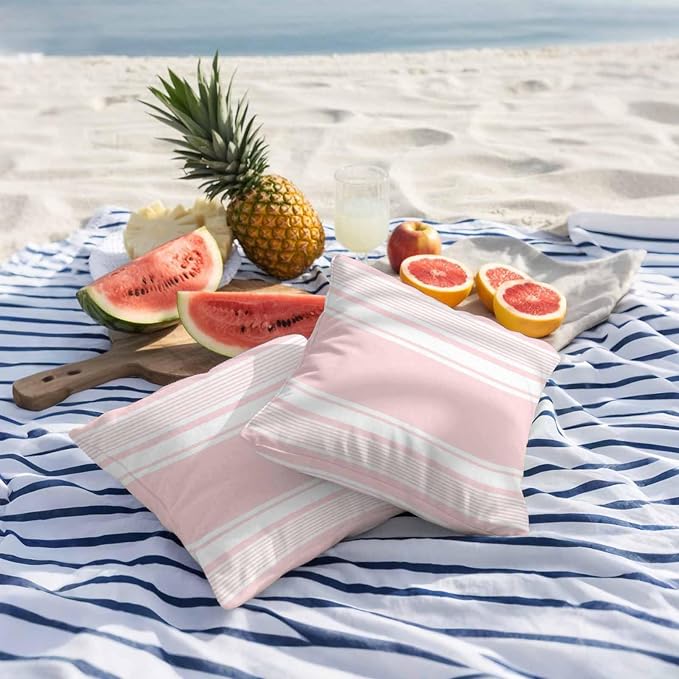 Vandarllin Outdoor Throw Pillows Covers 26x26 inch Set of 2 Waterproof Pink Stripes Decorative Zippered Cushion Covers for Patio Furniture, Striped Lines Lumbar Pillowcases