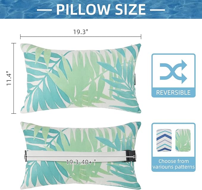 Outdoor Pillow for Chaise Lounge Chair, 2pcs Chaise Lounge Pillows Lumbar Pillows with Insert and Adjustable Elastic Strap for Patio Beach Office Chair, Green Leave