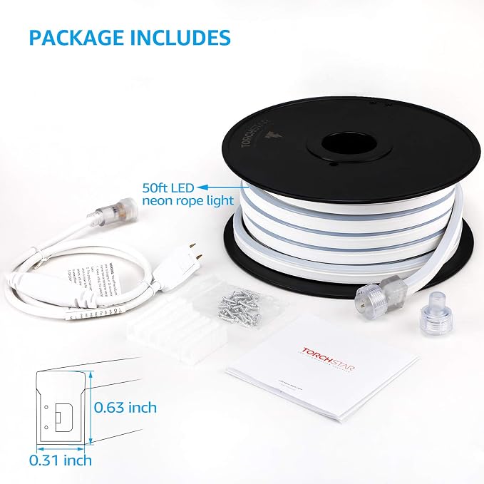 TORCHSTAR 50ft LED Neon Rope Light, Daylight White LED Strip Lights | Outdoor IP67 Waterproof, 120V UL Plug, ETL Connectable, Neon Light Strip for Shop Sign, Patio Decor, Max 2 Sets (100FT)