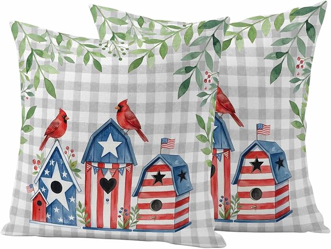 American Flag Bird House Outdoor Pillow Covers Waterproof, All Weather Cushion Case Set of 2, Green Eucalyptus Grey Plaid 250th Decorative Pillowcases for Sofa Couch Bed Decor Patio Furniture 20"x20"